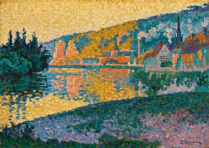 Paul Signac (1863 – 1935), Les Andelys. Soleil couchant, 1886, Huile sur toile, 32,8 x 46,1 cm, Collection particulière